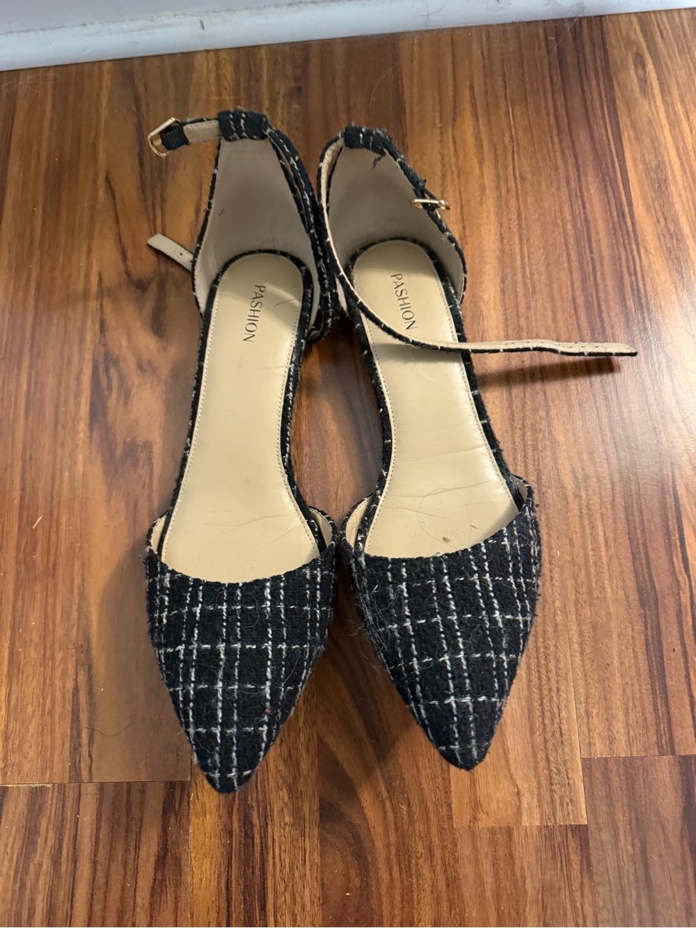 Pashion Footwear Black & White Tweed Pointed-Toe Ankle-Strap Heels